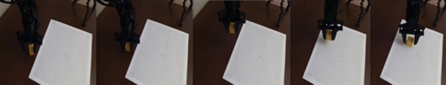Five-frame RealSense camera view of the VLA picking up and moving a block